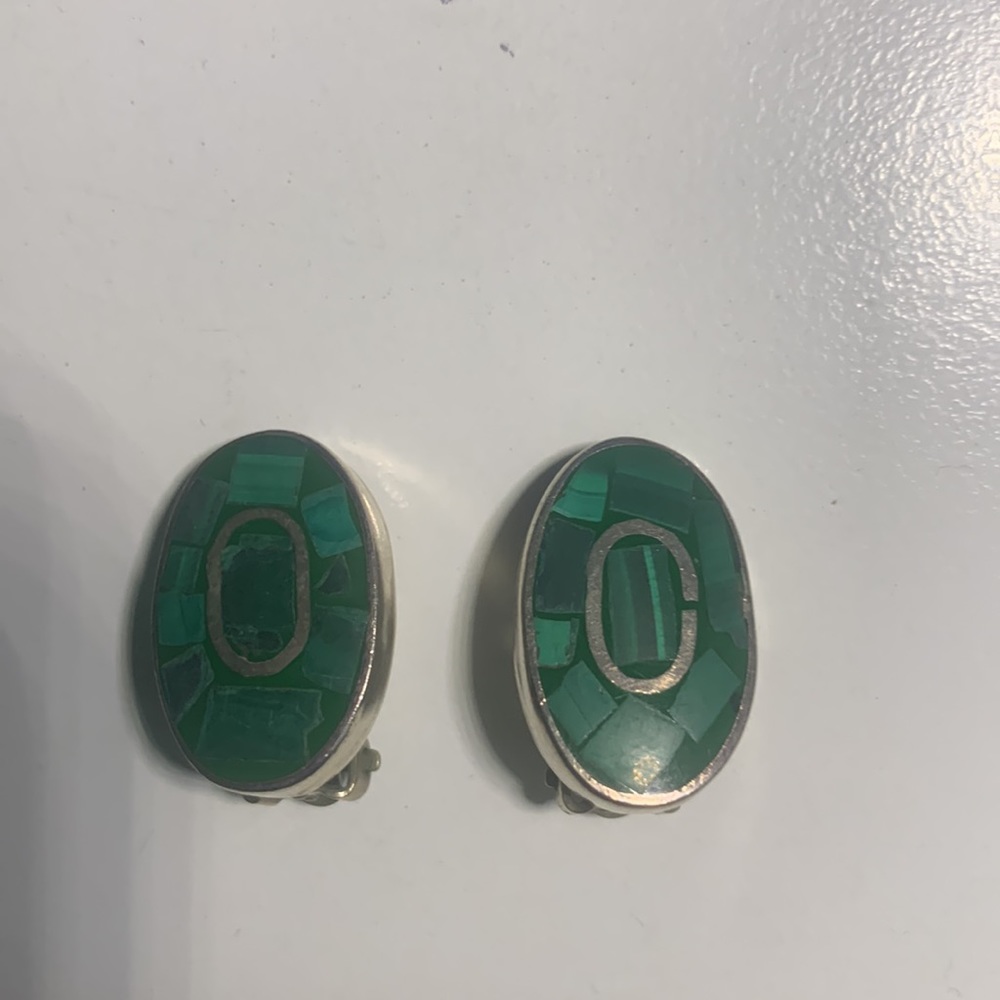 Vintage signed TE-50 Mexico sterling silver malachite inland clip on earrings - Picture 2 of 7